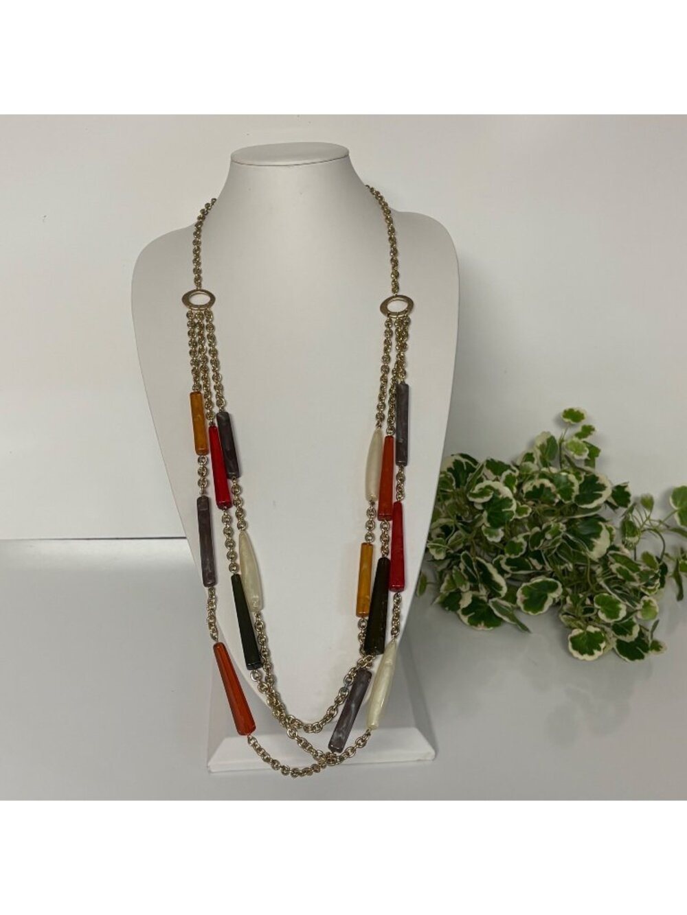 Chicos Long Layered Tube Beads Necklace Gold Tone Earthy Boho Chic